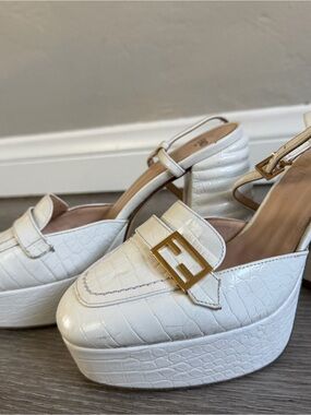 White Croc-Embossed Platform Slingback Heels with Gold Accent